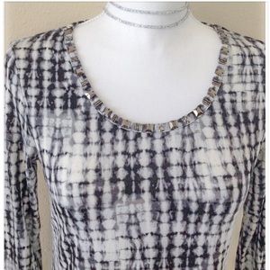 🆕 OLIVE & ROSE Black White TieDyed Block Print Silver Beaded Top NWT
